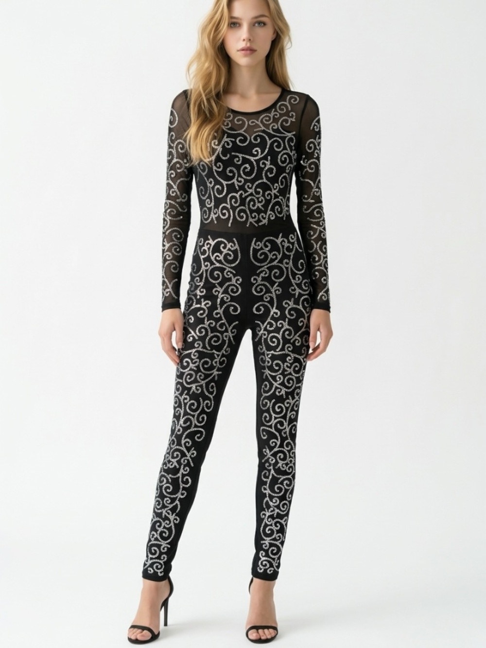 FASHION NOVA • Black Silver Rhinestone Swirl Sheer Mesh Jumpsuit Size L